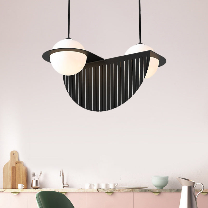 White Glass Nordic Ceiling Lamp With 2 Black Bulbs And Semicircle Decor