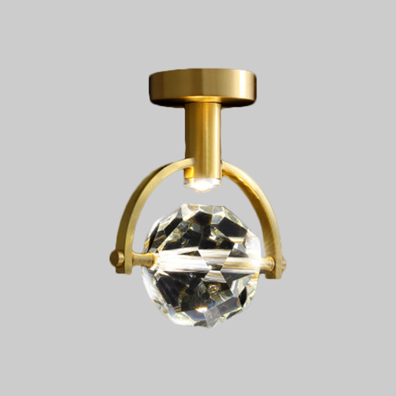 Plafonnier LED en cristal transparent pour porche : hexaèdre/sphérique biseauté, montage semi-encastré, laiton moderne