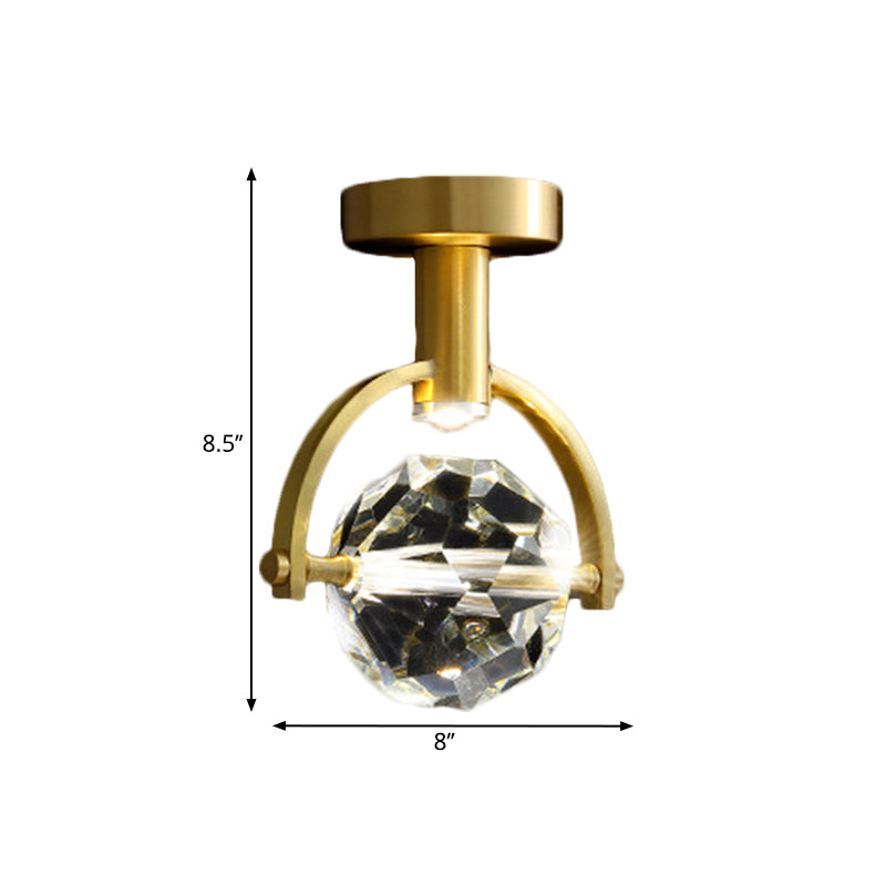 Plafonnier LED en cristal transparent pour porche : hexaèdre/sphérique biseauté, montage semi-encastré, laiton moderne