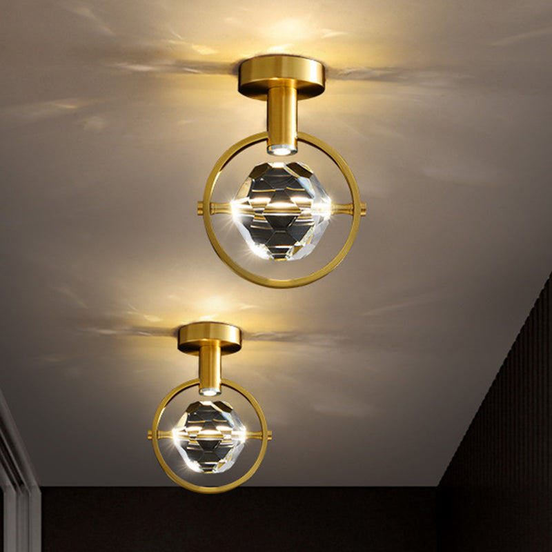 Plafonnier LED en cristal transparent pour porche : hexaèdre/sphérique biseauté, montage semi-encastré, laiton moderne