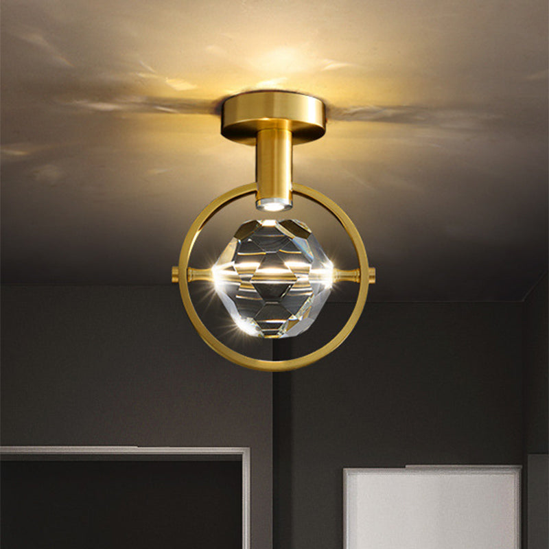 Plafonnier LED en cristal transparent pour porche : hexaèdre/sphérique biseauté, montage semi-encastré, laiton moderne