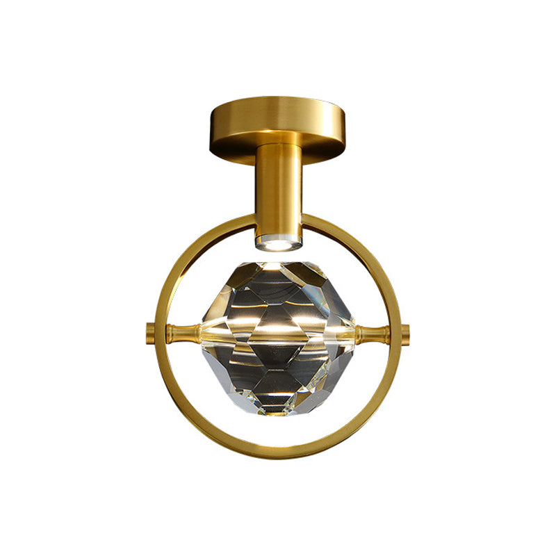 Plafonnier LED en cristal transparent pour porche : hexaèdre/sphérique biseauté, montage semi-encastré, laiton moderne