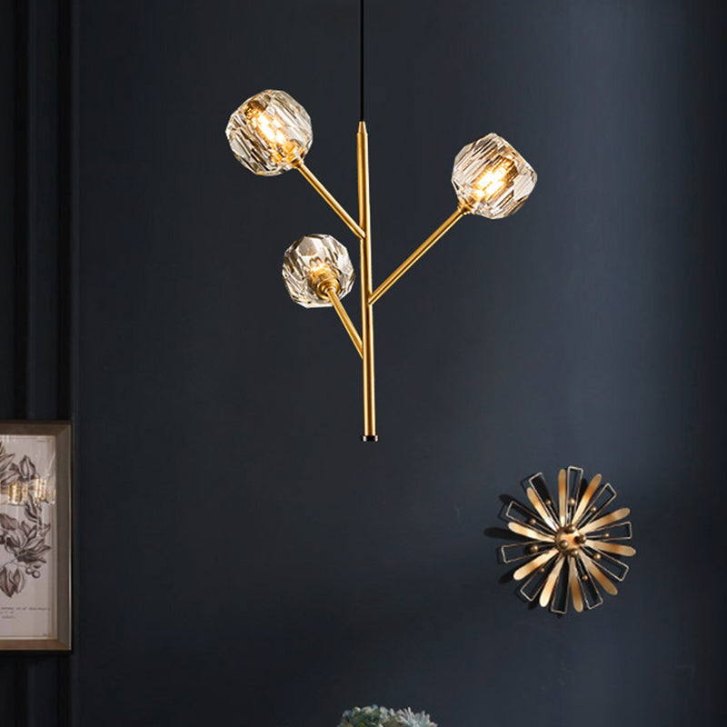 Lustre moderne en boule de cristal - Suspension dorée avec options de tête 3/6