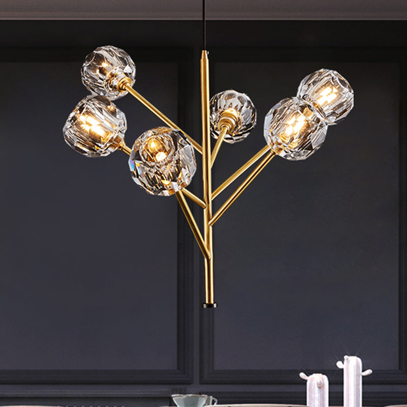 Lustre moderne en boule de cristal - Suspension dorée avec options de tête 3/6