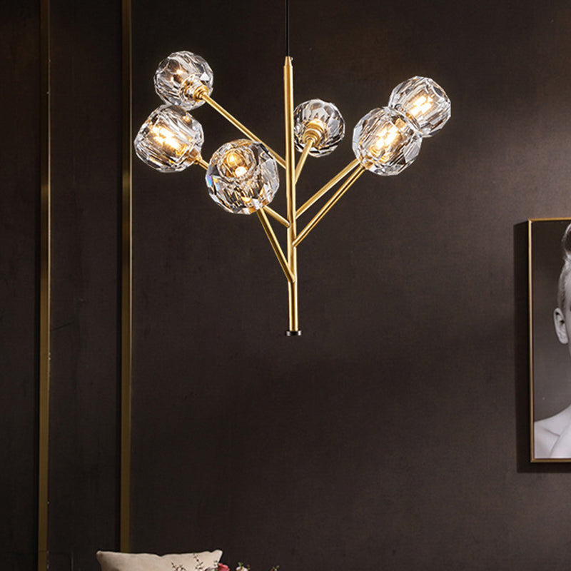 Lustre moderne en boule de cristal - Suspension dorée avec options de tête 3/6