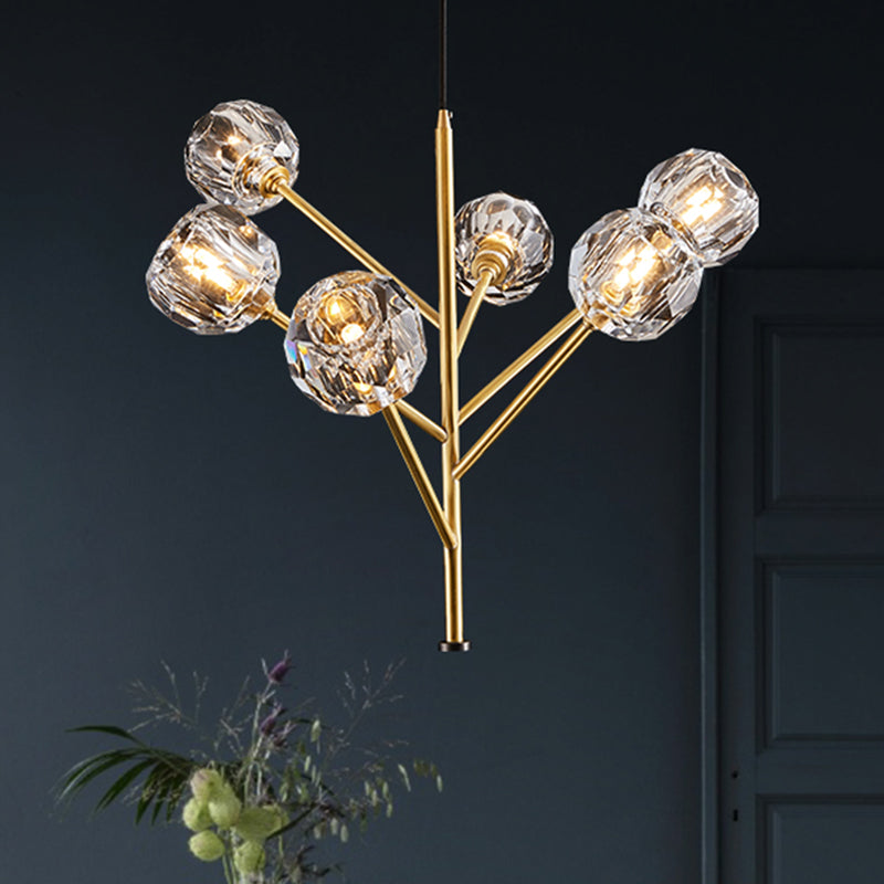Lustre moderne en boule de cristal - Suspension dorée avec options de tête 3/6