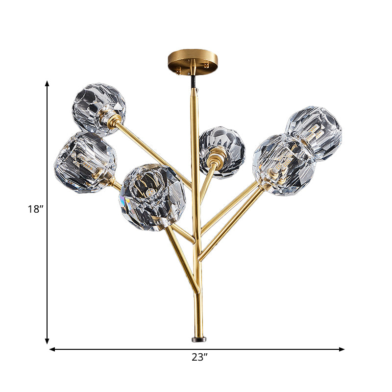Lustre moderne en boule de cristal - Suspension dorée avec options de tête 3/6