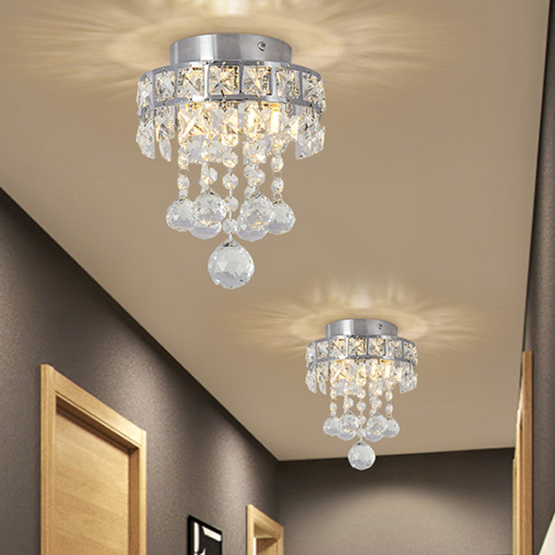 Contemporary Crystal Draping Ceiling Fixture: Ring Frame Silver Semi Flush Light
