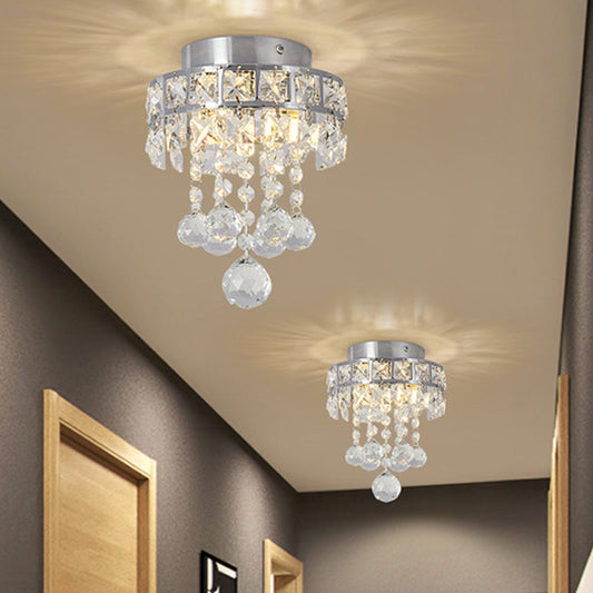 Contemporary Crystal Draping Ceiling Fixture: Ring Frame Silver Semi Flush Light