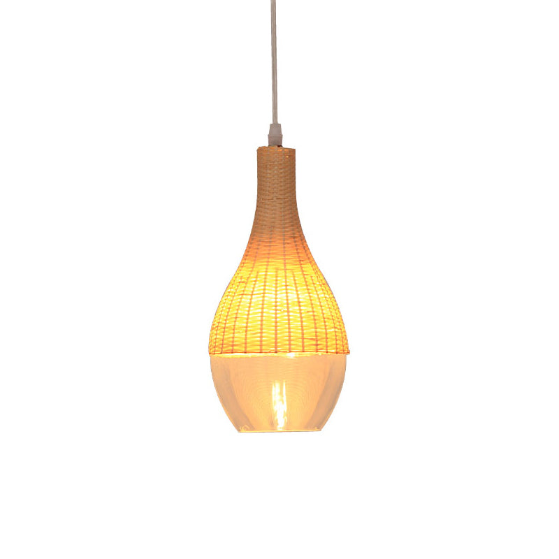 Lampe suspendue moderne en bambou - 6"/10" de large, en forme de larme/d'oignon, une seule lumière, lampe à suspension jaune avec abat-jour en verre transparent