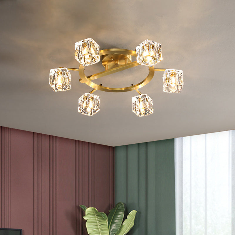 Plafonnier semi-encastré moderne avec anneau doré et abat-jour en forme de cube en cristal transparent - 6/8 ampoules - Great Room Illumination