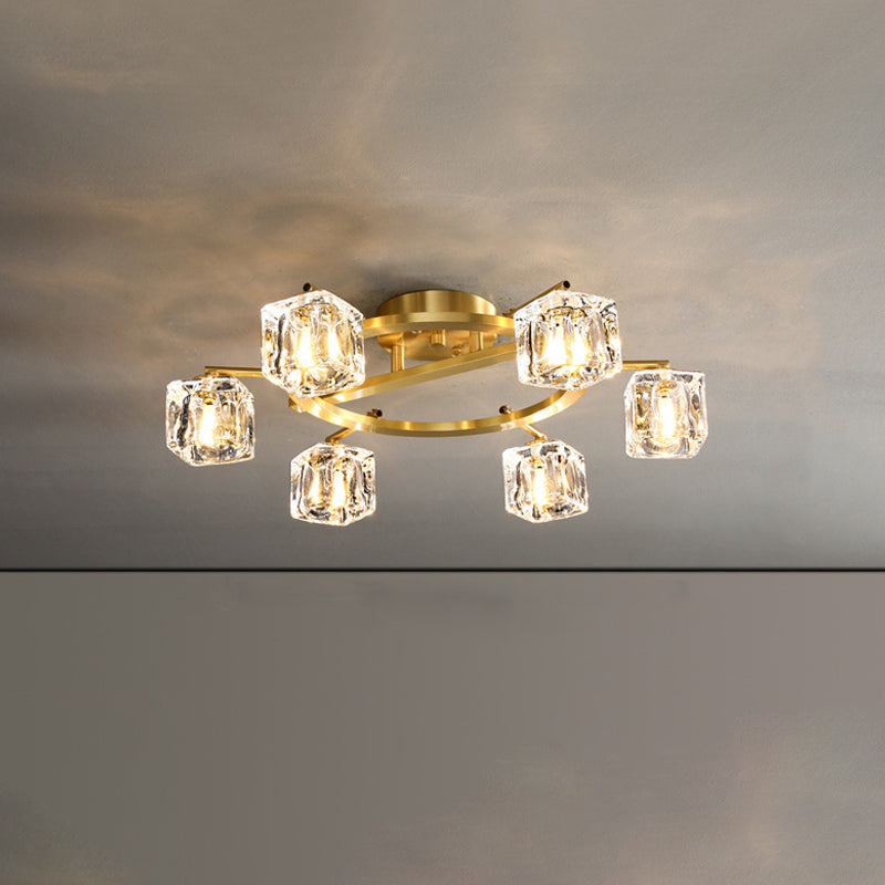 Plafonnier semi-encastré moderne avec anneau doré et abat-jour en forme de cube en cristal transparent - 6/8 ampoules - Great Room Illumination