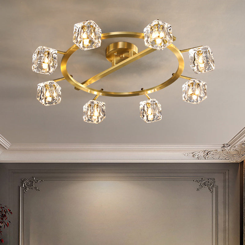 Plafonnier semi-encastré moderne avec anneau doré et abat-jour en forme de cube en cristal transparent - 6/8 ampoules - Great Room Illumination