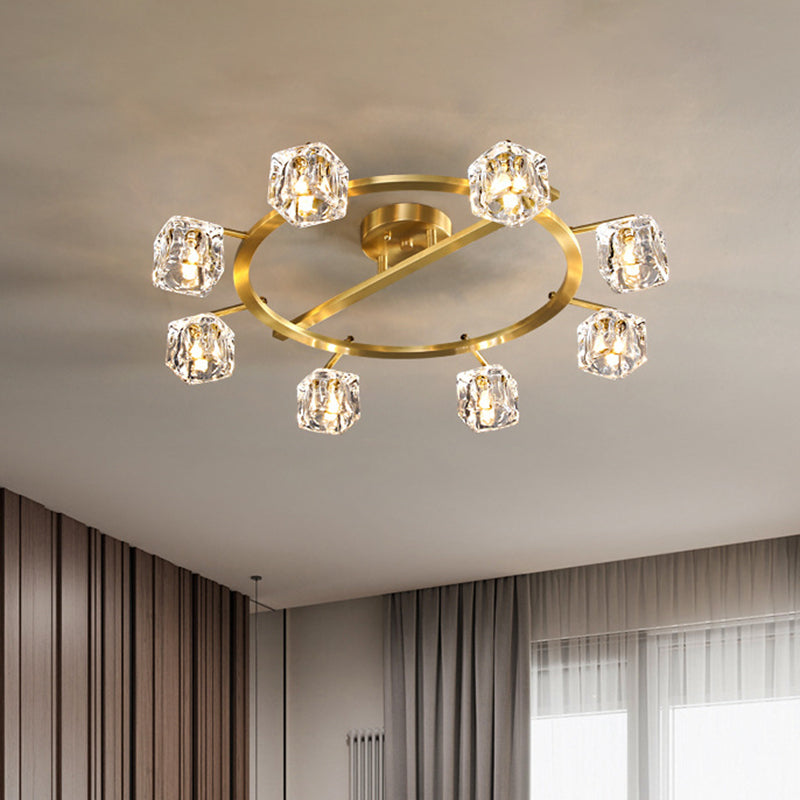 Plafonnier semi-encastré moderne avec anneau doré et abat-jour en forme de cube en cristal transparent - 6/8 ampoules - Great Room Illumination