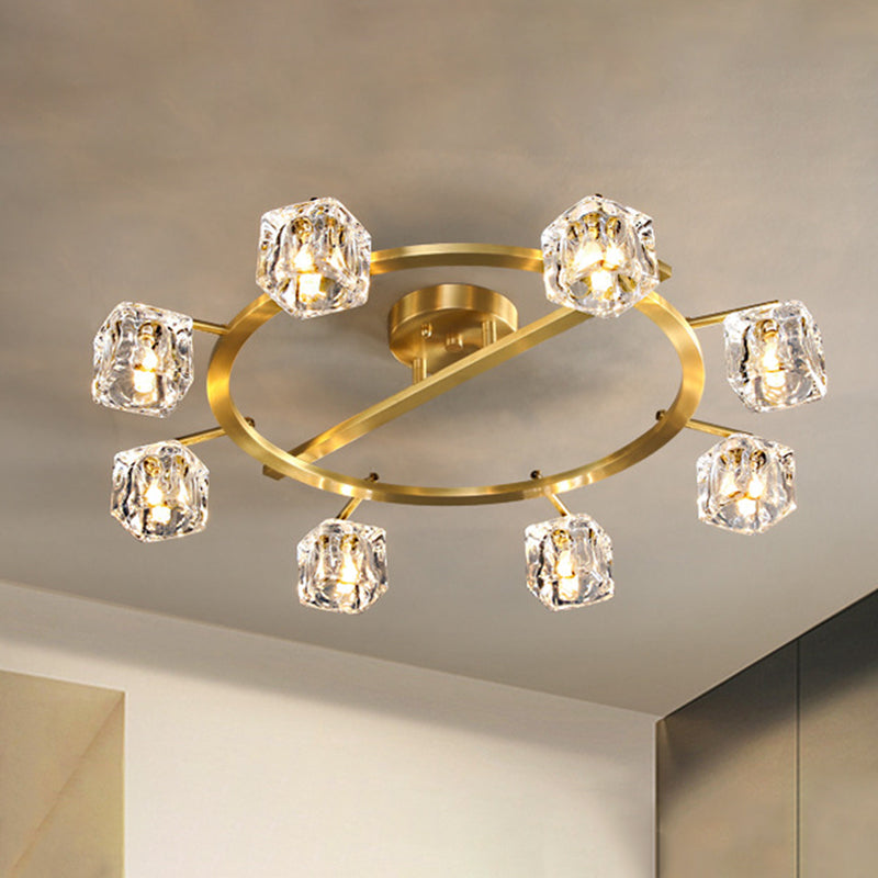 Plafonnier semi-encastré moderne avec anneau doré et abat-jour en forme de cube en cristal transparent - 6/8 ampoules - Great Room Illumination