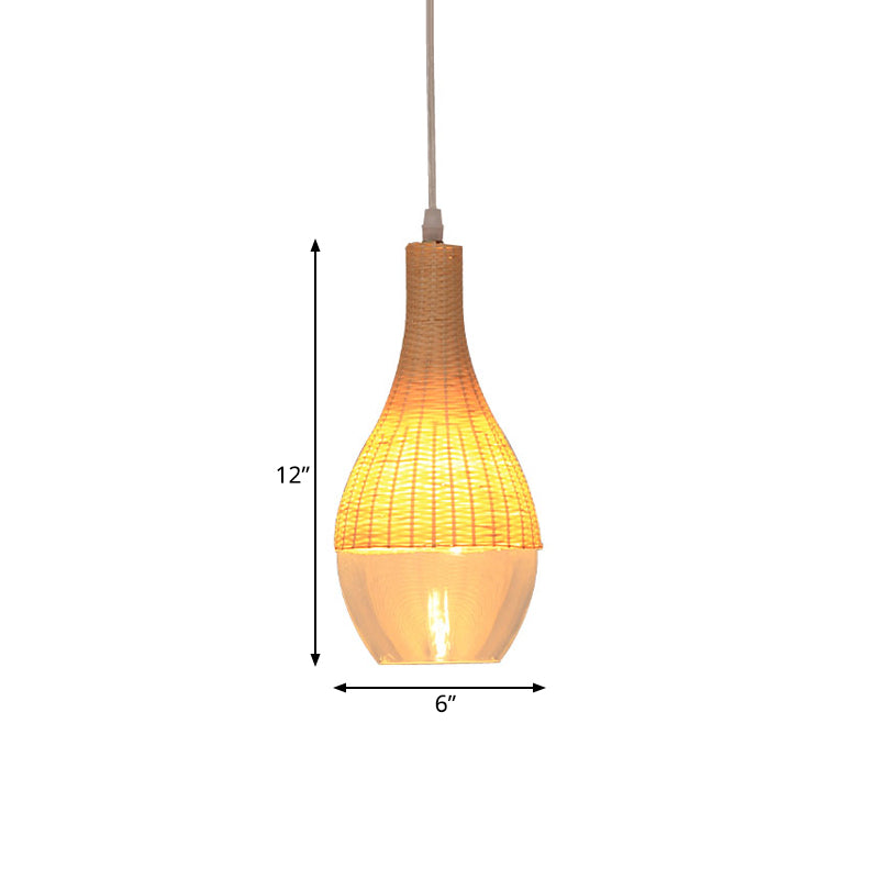 Lampe suspendue moderne en bambou - 6"/10" de large, en forme de larme/d'oignon, une seule lumière, lampe à suspension jaune avec abat-jour en verre transparent
