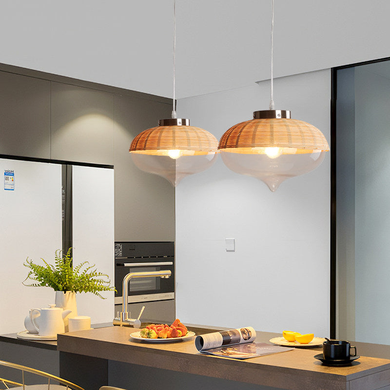 Lampe suspendue moderne en bambou - 6"/10" de large, en forme de larme/d'oignon, une seule lumière, lampe à suspension jaune avec abat-jour en verre transparent