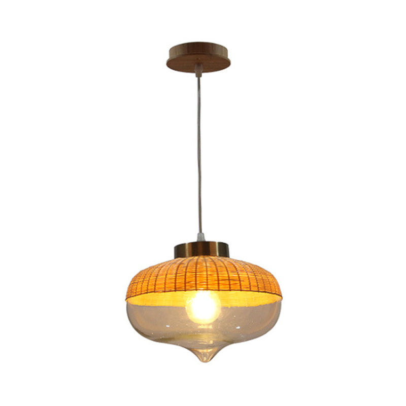 Lampe suspendue moderne en bambou - 6"/10" de large, en forme de larme/d'oignon, une seule lumière, lampe à suspension jaune avec abat-jour en verre transparent