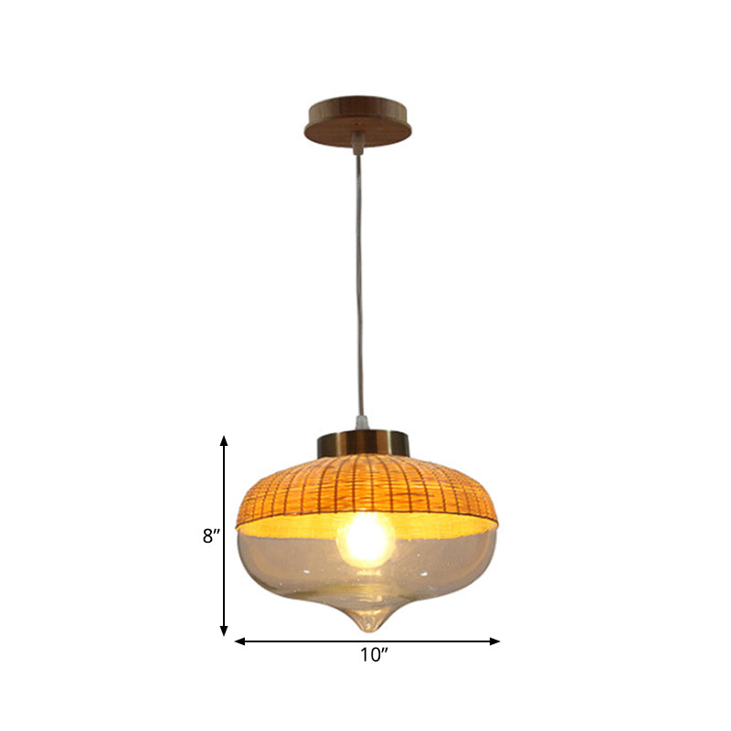 Lampe suspendue moderne en bambou - 6"/10" de large, en forme de larme/d'oignon, une seule lumière, lampe à suspension jaune avec abat-jour en verre transparent