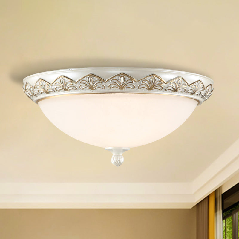 Hemisphere Bedroom Flush Light - Classic Cream Glass, 3-Head White Ceiling Mount