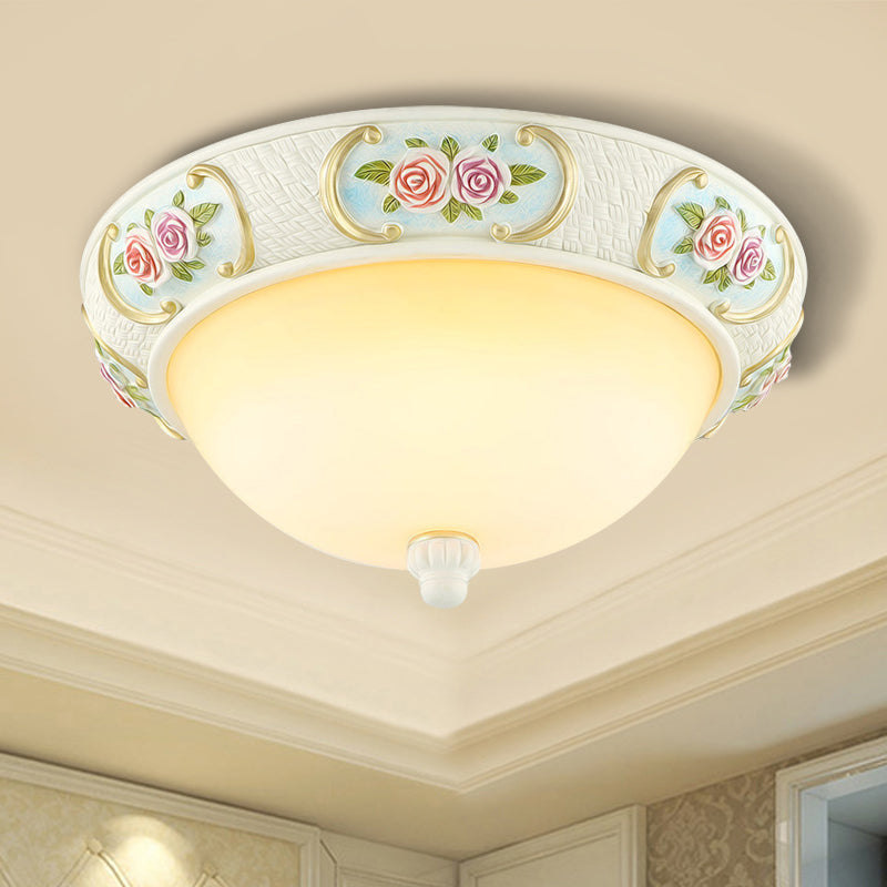 Rustic Opal Glass Dome Ceiling Flush Light, White, 15"/19" W, 3-Bulb Flushmount for Dining Room with Rose Embossed Décor