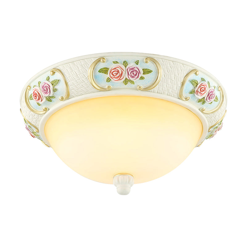 Rustic Opal Glass Dome Ceiling Flush Light, White, 15"/19" W, 3-Bulb Flushmount for Dining Room with Rose Embossed Décor
