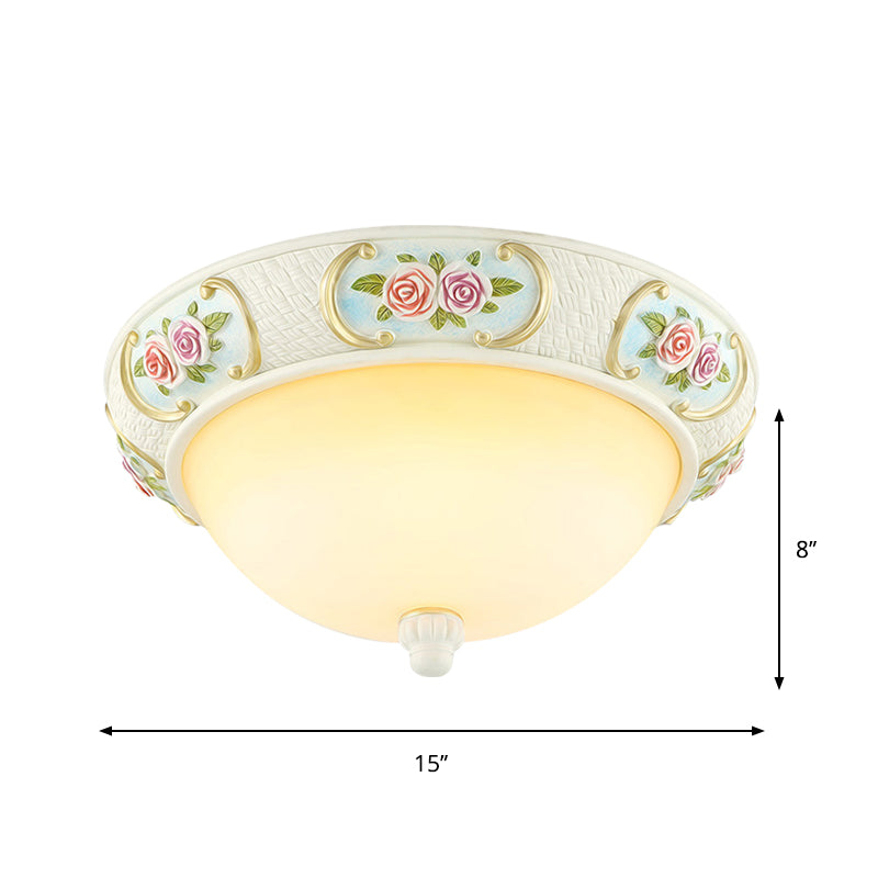 Rustic Opal Glass Dome Ceiling Flush Light, White, 15"/19" W, 3-Bulb Flushmount for Dining Room with Rose Embossed Décor
