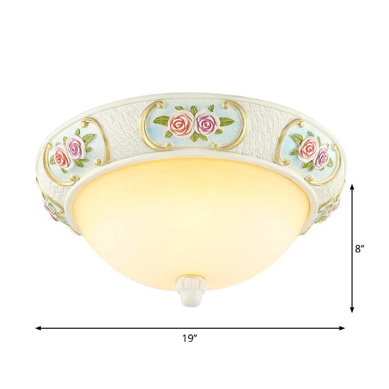 Rustic Opal Glass Dome Ceiling Flush Light, White, 15"/19" W, 3-Bulb Flushmount for Dining Room with Rose Embossed Décor