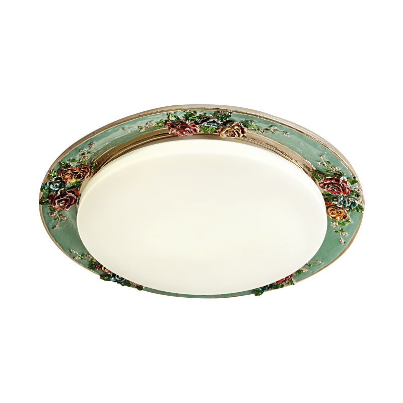 Rose Round Handcrafted Resin LED Ceiling Light for Retro Bedrooms in Beige/Green/Silver Grey