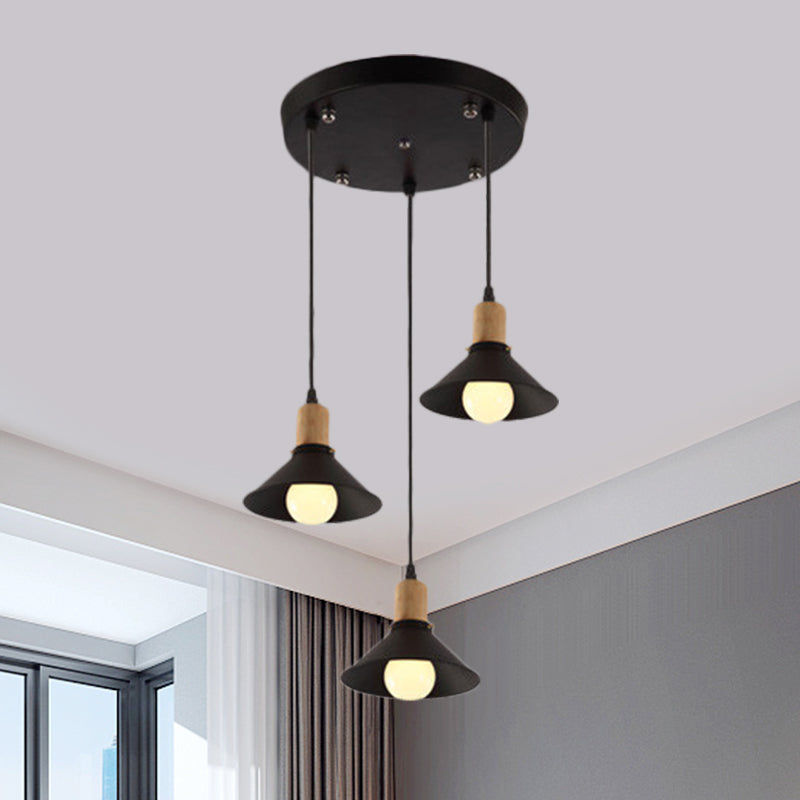 Lampe à suspension conique rétro élégante - Luminaire suspendu métallique à 3 lampes en noir pour salle à manger