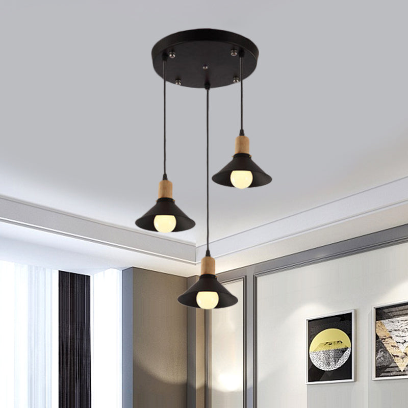 Lampe à suspension conique rétro élégante - Luminaire suspendu métallique à 3 lampes en noir pour salle à manger