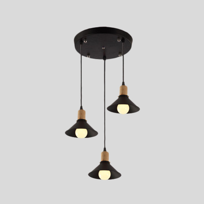 Lampe à suspension conique rétro élégante - Luminaire suspendu métallique à 3 lampes en noir pour salle à manger