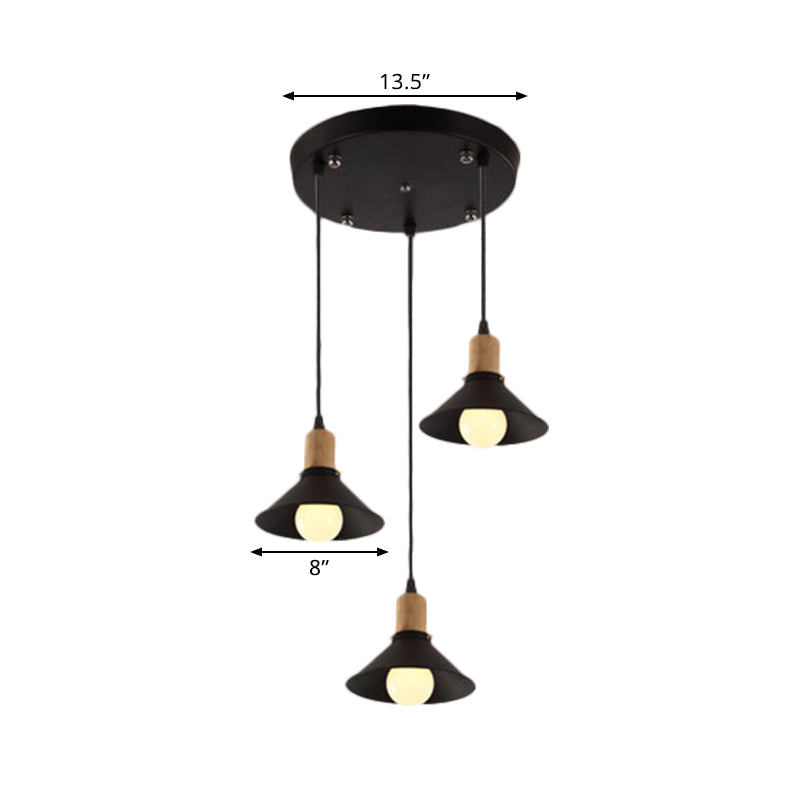 Lampe à suspension conique rétro élégante - Luminaire suspendu métallique à 3 lampes en noir pour salle à manger