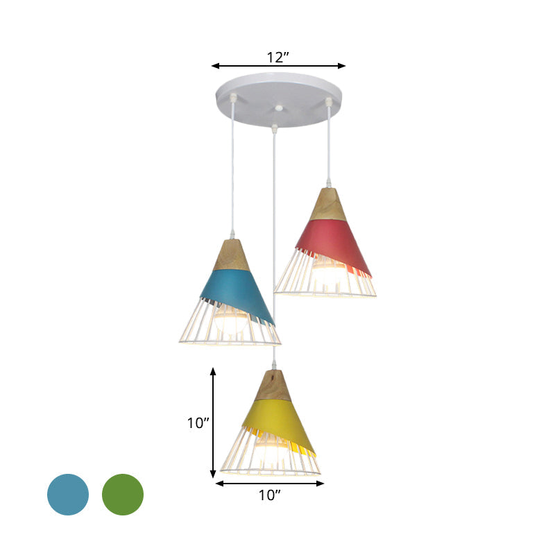 Lampe suspendue industrielle en métal à 3 têtes avec design conique noir/vert pour plafond de salon