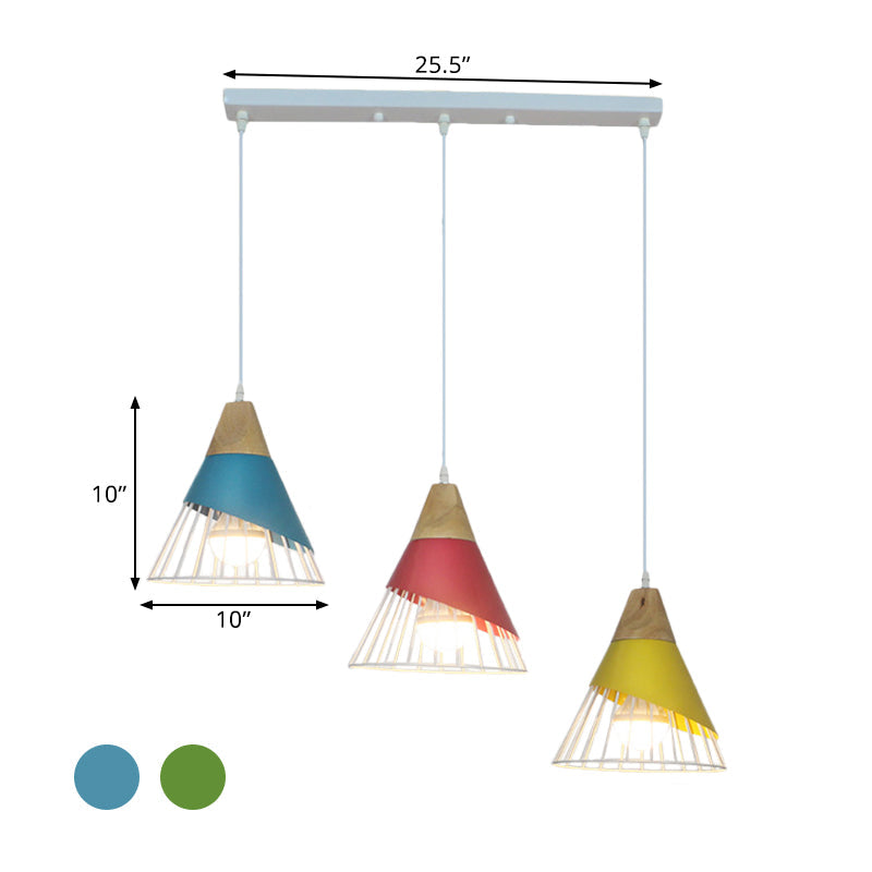 Lampe suspendue industrielle en métal à 3 têtes avec design conique noir/vert pour plafond de salon