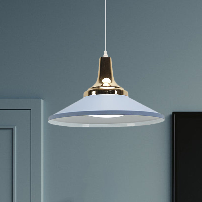 Retro Style Blue/Green Pendant Light with Metallic Cone Shade for Bedside