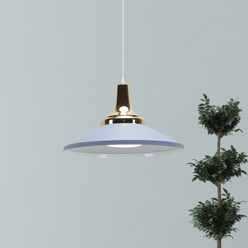 Retro Style Blue/Green Pendant Light with Metallic Cone Shade for Bedside