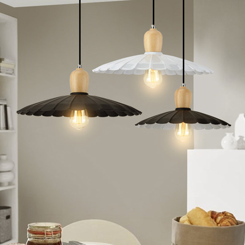 Vintage Scalloped Edge Hanging Lamp - Black/White - 1 Light - Metal Pendant Light - Dining Table - 9"/14"/16" Diameter