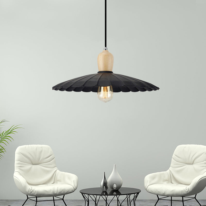Vintage Scalloped Edge Hanging Lamp - Black/White - 1 Light - Metal Pendant Light - Dining Table - 9"/14"/16" Diameter