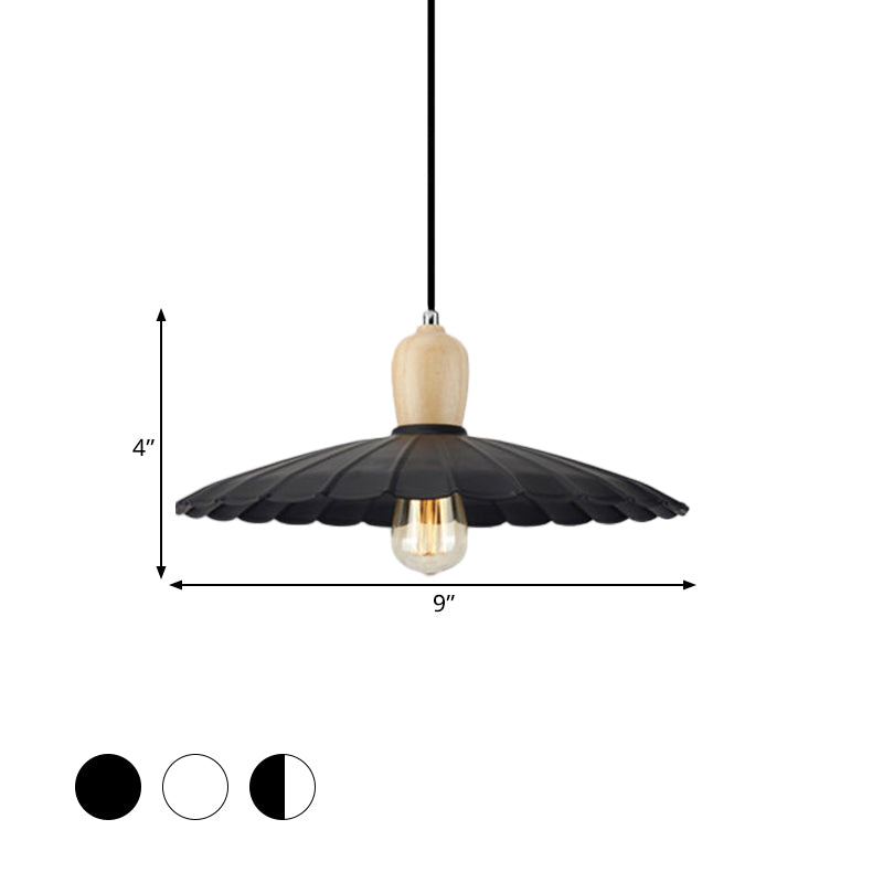 Vintage Scalloped Edge Hanging Lamp - Black/White - 1 Light - Metal Pendant Light - Dining Table - 9"/14"/16" Diameter