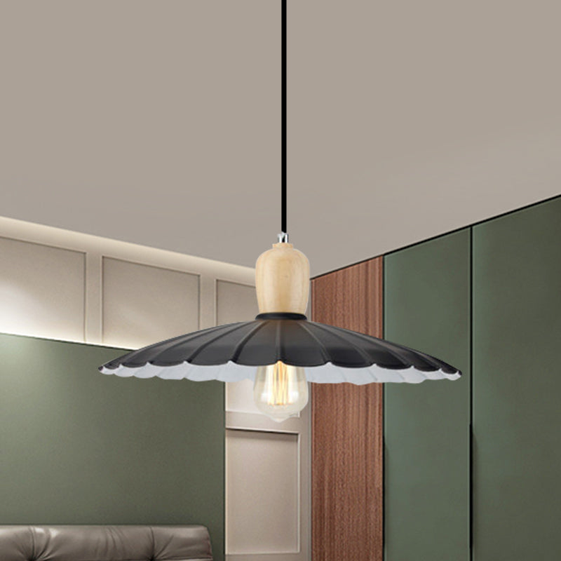 Vintage Scalloped Edge Hanging Lamp - Black/White - 1 Light - Metal Pendant Light - Dining Table - 9"/14"/16" Diameter