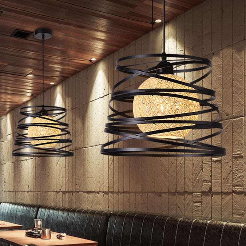 Lampe suspendue industrielle en métal spirale à 1 tête blanche/noire avec cadre en fil de fer