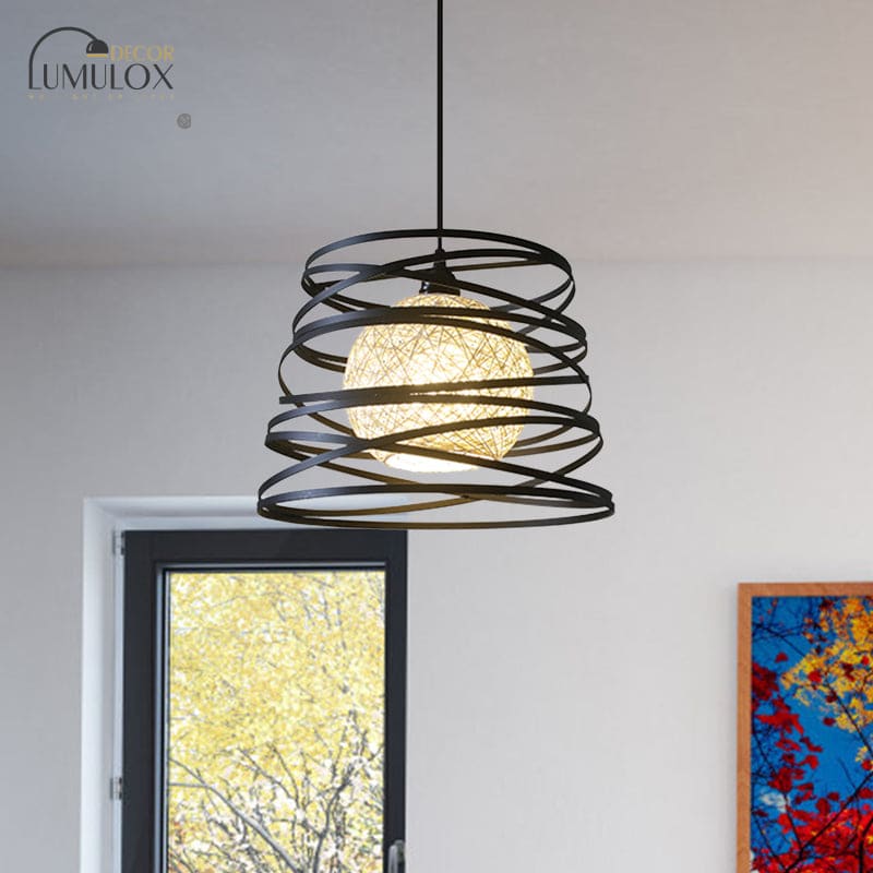 Lampe suspendue industrielle en métal spirale à 1 tête blanche/noire avec cadre en fil de fer