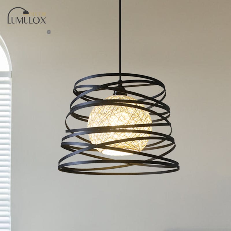 Lampe suspendue industrielle en métal spirale à 1 tête blanche/noire avec cadre en fil de fer