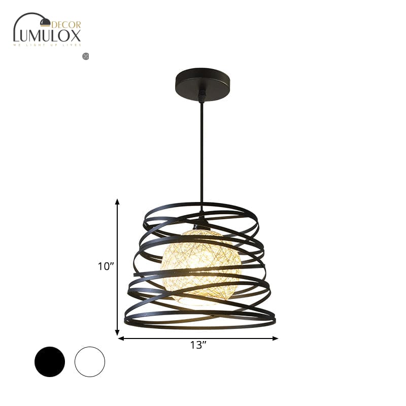 Lampe suspendue industrielle en métal spirale à 1 tête blanche/noire avec cadre en fil de fer