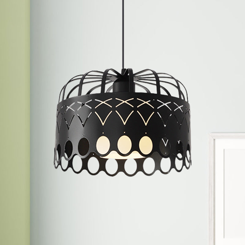 Industrial Metal Drum Pendant Light With Cage Shade For Dining Room Black