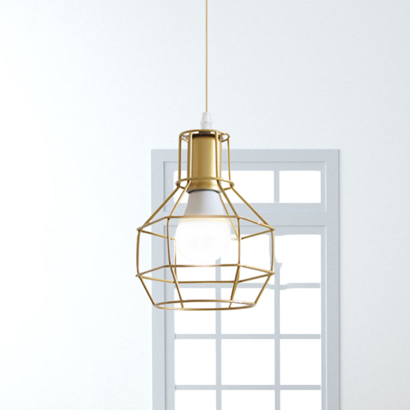Gold Wire Cage Pendant Light - Retro Industrial Iron Hanging Lamp with Shade for Coffee Shop