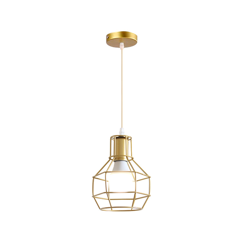 Gold Wire Cage Pendant Light - Retro Industrial Iron Hanging Lamp with Shade for Coffee Shop