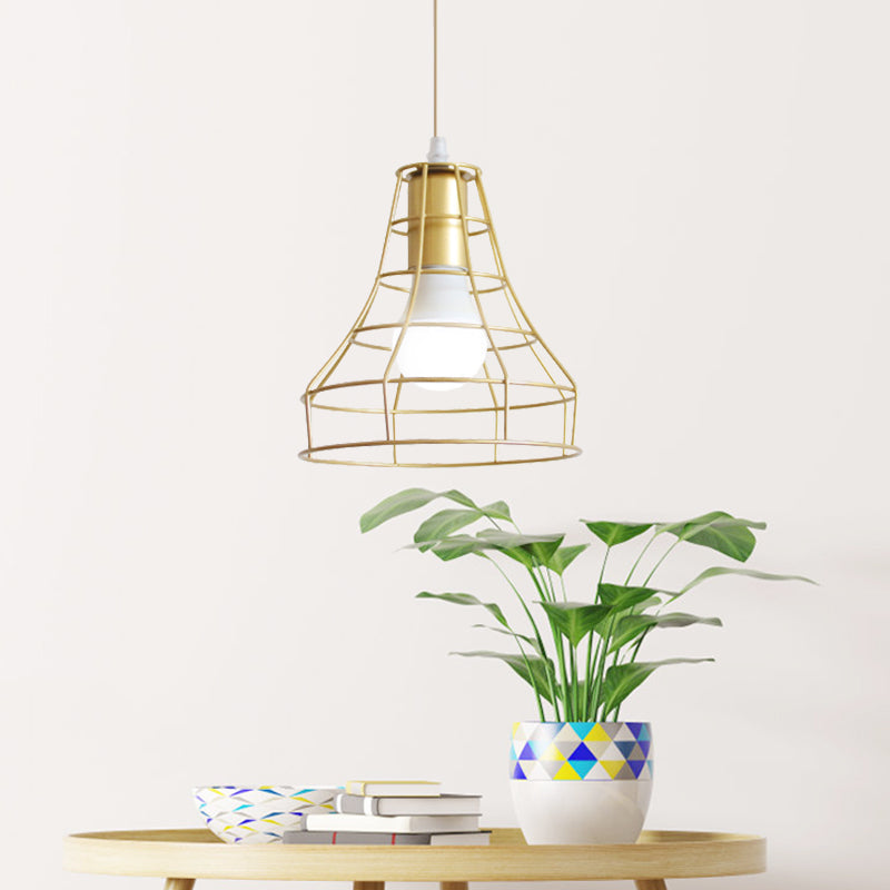 Gold Wire Cage Pendant Light - Retro Industrial Iron Hanging Lamp with Shade for Coffee Shop