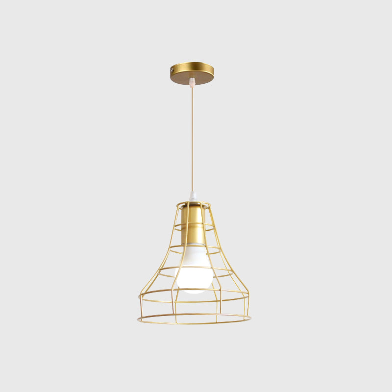 Gold Wire Cage Pendant Light - Retro Industrial Iron Hanging Lamp with Shade for Coffee Shop